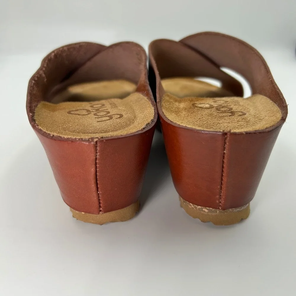 New Yokono Wedge‎ Sandals Women 9 Brown Excellent Leather Cross Strap Made Spain